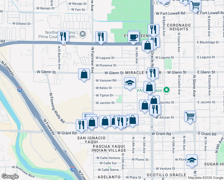 map of restaurants, bars, coffee shops, grocery stores, and more near 738 West Kelso Street in Tucson