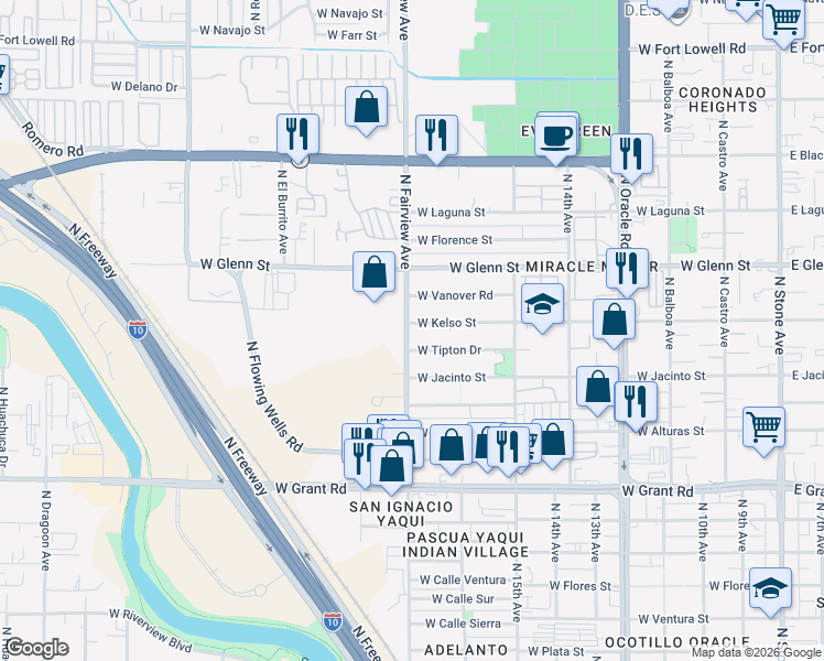 map of restaurants, bars, coffee shops, grocery stores, and more near 858 West Kelso Street in Tucson