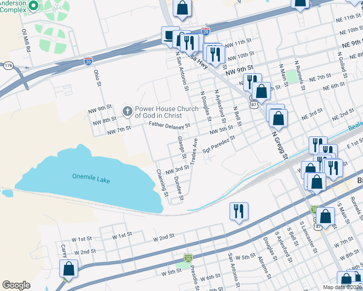 map of restaurants, bars, coffee shops, grocery stores, and more near Glasgo Street in Big Spring