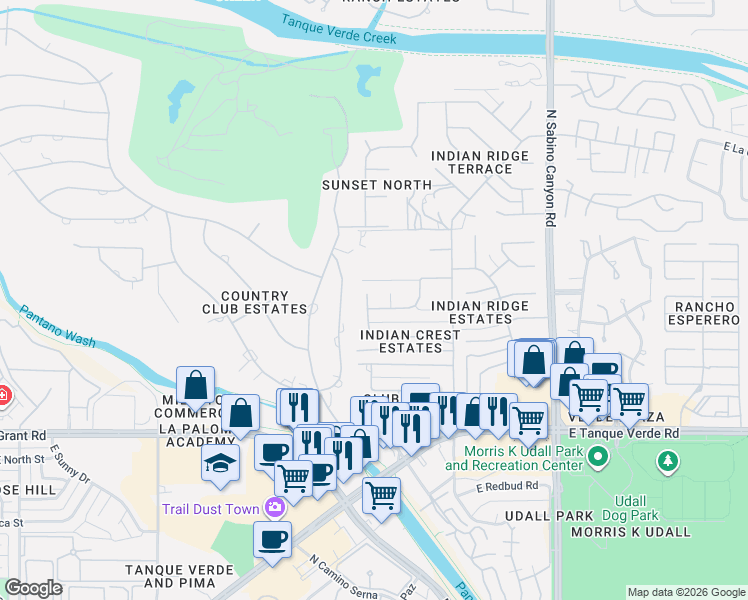 map of restaurants, bars, coffee shops, grocery stores, and more near 2642 North Bahana Drive in Tucson