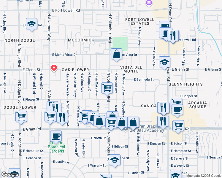 map of restaurants, bars, coffee shops, grocery stores, and more near 2650 North Columbus Boulevard in Tucson
