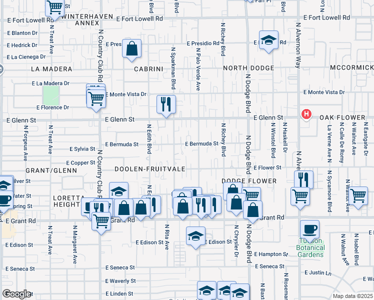 map of restaurants, bars, coffee shops, grocery stores, and more near 3439 East Bermuda Street in Tucson