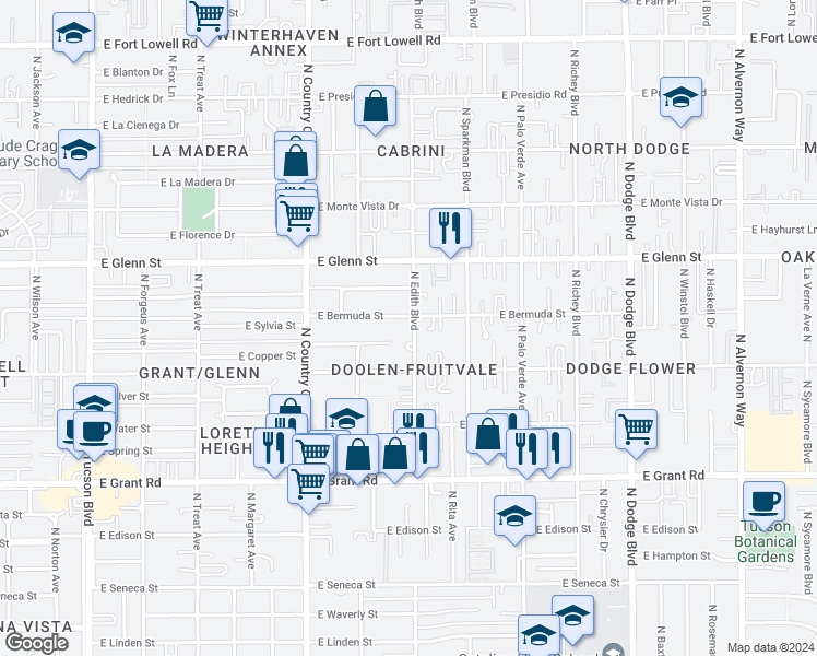 map of restaurants, bars, coffee shops, grocery stores, and more near 3233 East Bermuda Street in Tucson