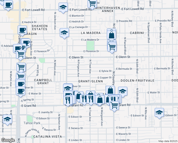 map of restaurants, bars, coffee shops, grocery stores, and more near 2802 North Treat Avenue in Tucson