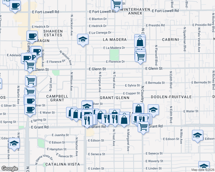 map of restaurants, bars, coffee shops, grocery stores, and more near 2625 East Sylvia Street in Tucson