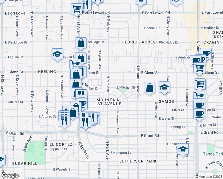 map of restaurants, bars, coffee shops, grocery stores, and more near 1001 East Mitchell Street in Tucson
