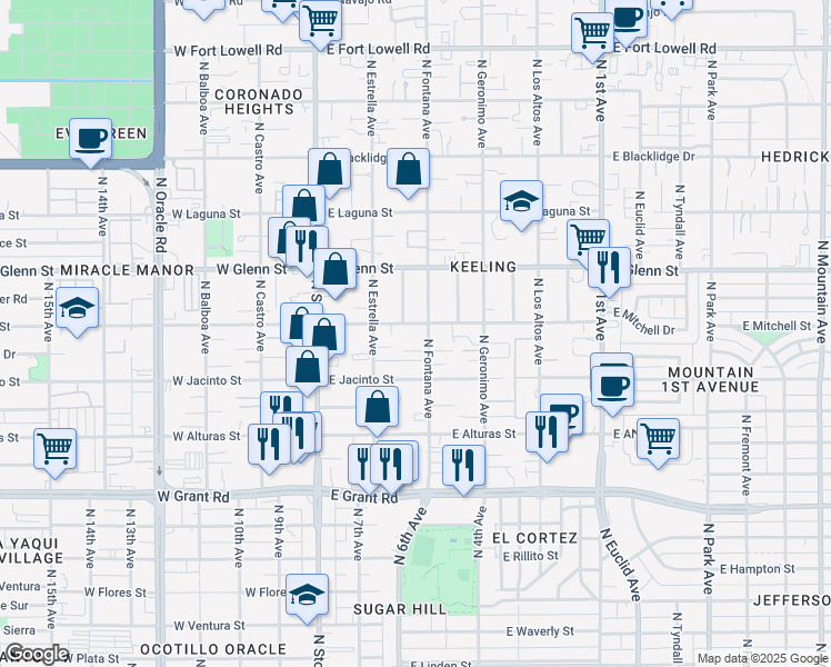 map of restaurants, bars, coffee shops, grocery stores, and more near 237 East Kelso Street in Tucson