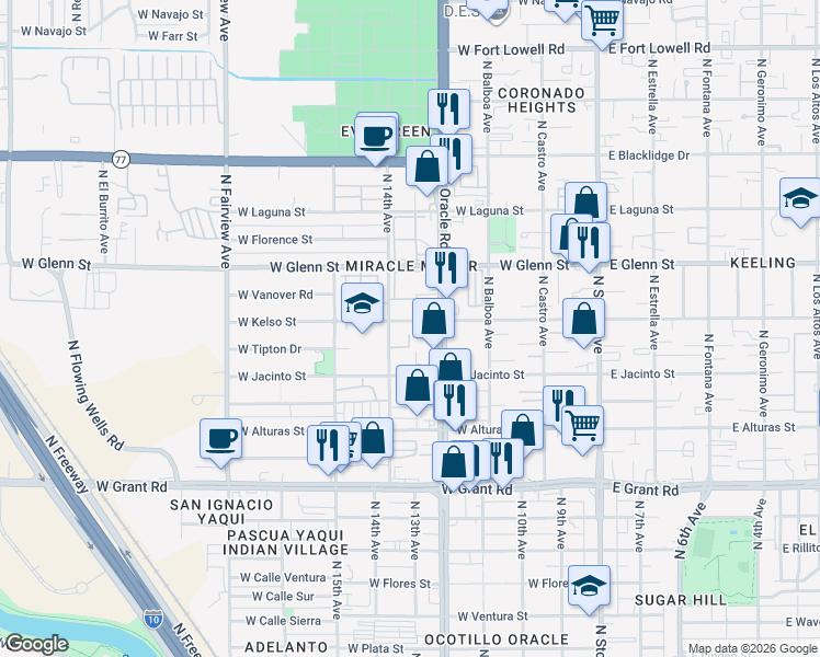 map of restaurants, bars, coffee shops, grocery stores, and more near 2701 North Oracle Road in Tucson