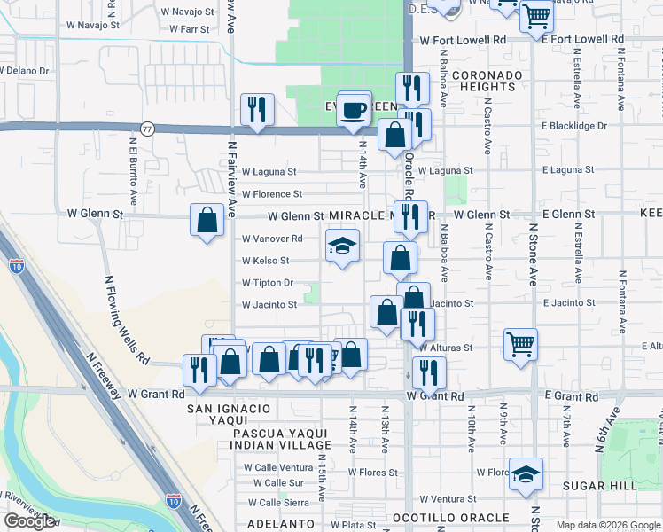 map of restaurants, bars, coffee shops, grocery stores, and more near 2717 North Pacific Drive in Tucson
