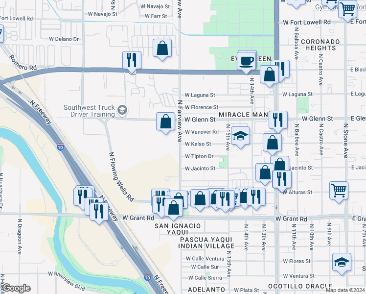 map of restaurants, bars, coffee shops, grocery stores, and more near 858 West Kelso Street in Tucson