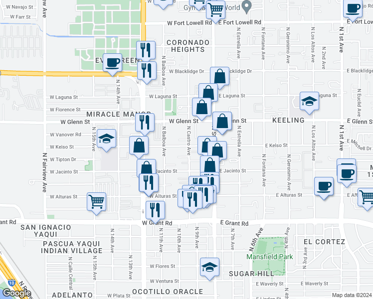 map of restaurants, bars, coffee shops, grocery stores, and more near 201 West Kelso Street in Tucson