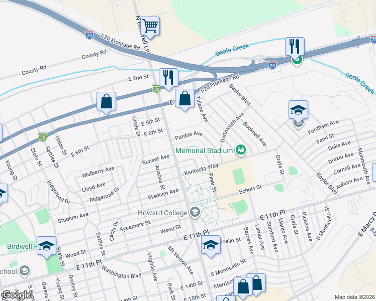 map of restaurants, bars, coffee shops, grocery stores, and more near 1701-1799 Yale Avenue in Big Spring