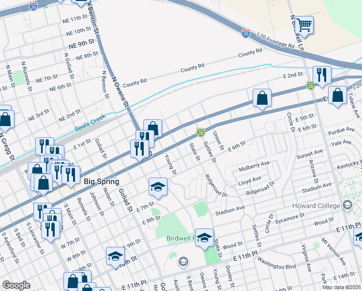 map of restaurants, bars, coffee shops, grocery stores, and more near 1001-1099 East 4th Street in Big Spring