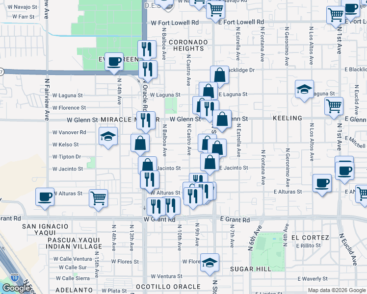 map of restaurants, bars, coffee shops, grocery stores, and more near 211 West Kelso Street in Tucson