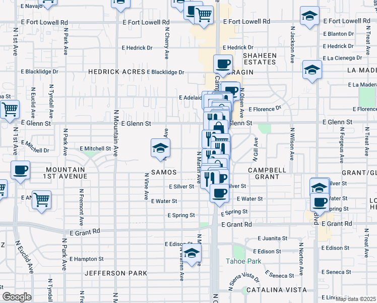 map of restaurants, bars, coffee shops, grocery stores, and more near 1716 East Mitchell Street in Tucson