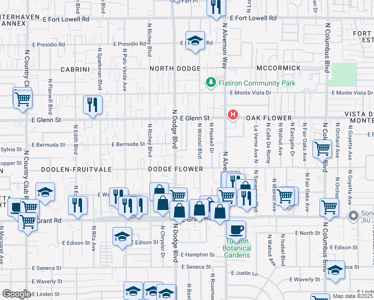 map of restaurants, bars, coffee shops, grocery stores, and more near 3717 North Baxter Avenue in Tucson