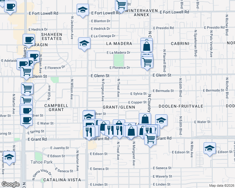 map of restaurants, bars, coffee shops, grocery stores, and more near 2802 North Treat Avenue in Tucson