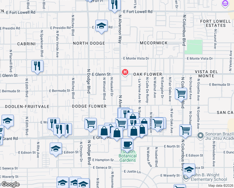 map of restaurants, bars, coffee shops, grocery stores, and more near 2679 North Alvernon Way in Tucson
