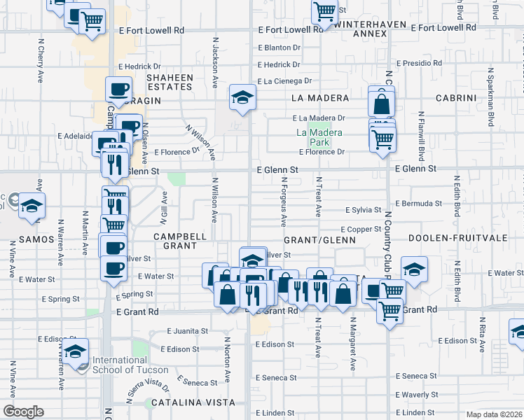 map of restaurants, bars, coffee shops, grocery stores, and more near 2526 East Sylvia Street in Tucson