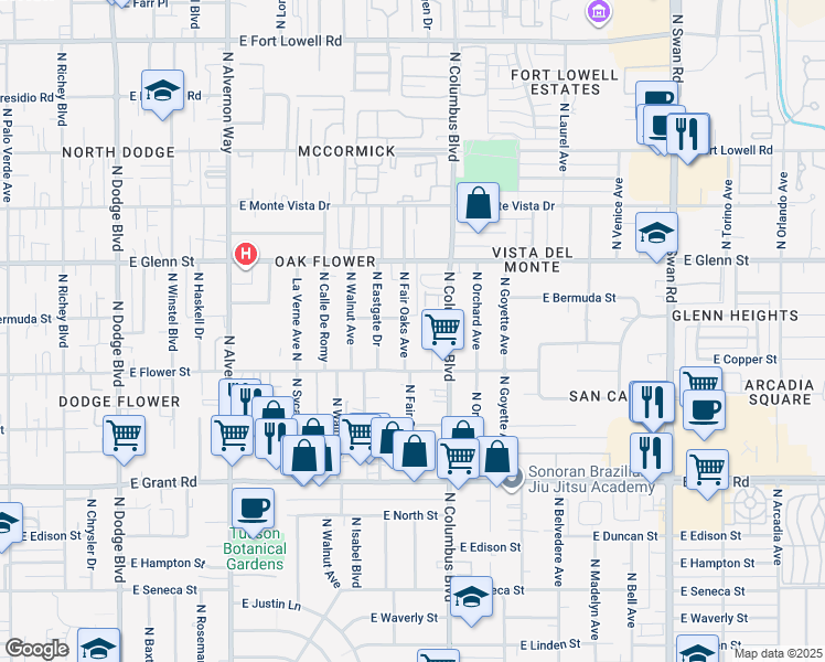 map of restaurants, bars, coffee shops, grocery stores, and more near 2652 North Fair Oaks Avenue in Tucson