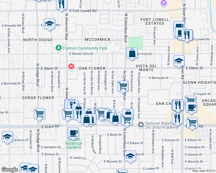 map of restaurants, bars, coffee shops, grocery stores, and more near 4154 East Bermuda Street in Tucson