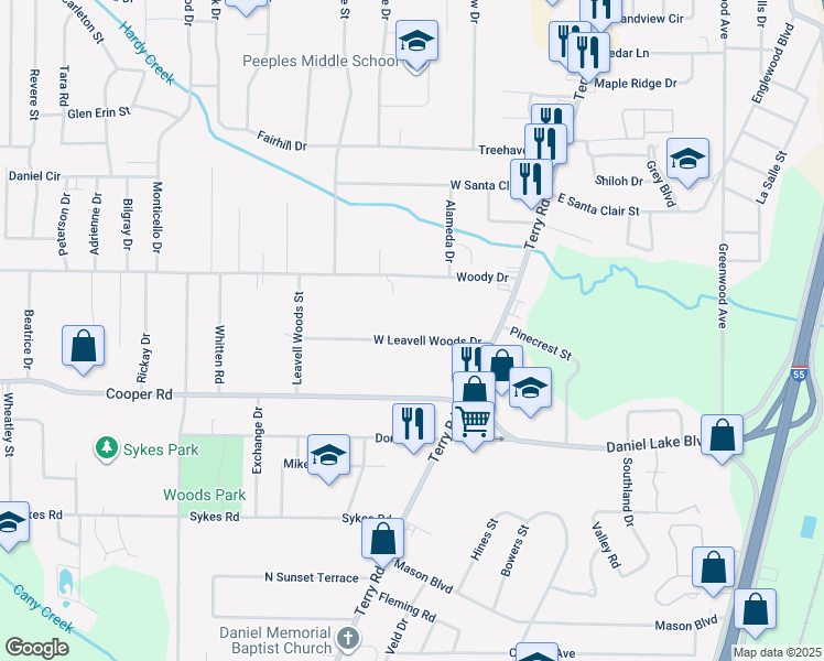 map of restaurants, bars, coffee shops, grocery stores, and more near 158 West Leavell Woods Drive in Jackson