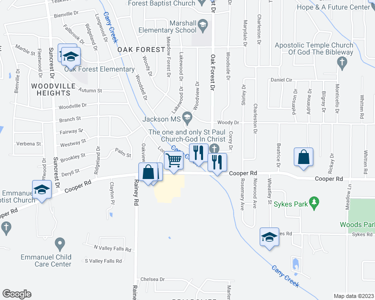 map of restaurants, bars, coffee shops, grocery stores, and more near 1115 Wooddell Drive in Jackson