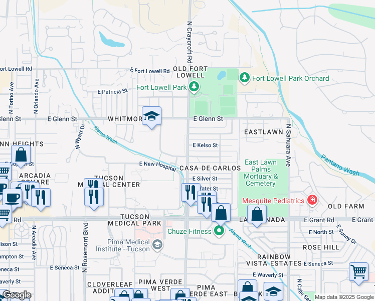 map of restaurants, bars, coffee shops, grocery stores, and more near 5501 East Kelso Street in Tucson