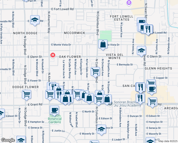 map of restaurants, bars, coffee shops, grocery stores, and more near 2652 North Fair Oaks Avenue in Tucson