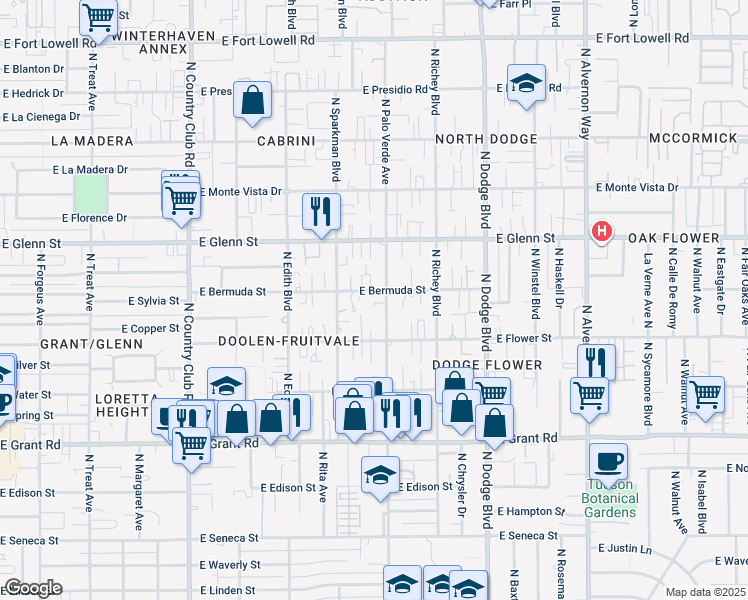 map of restaurants, bars, coffee shops, grocery stores, and more near 3439 East Bermuda Street in Tucson
