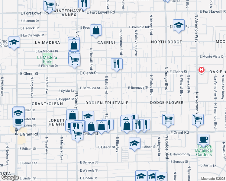 map of restaurants, bars, coffee shops, grocery stores, and more near 3317 East Bermuda Street in Tucson