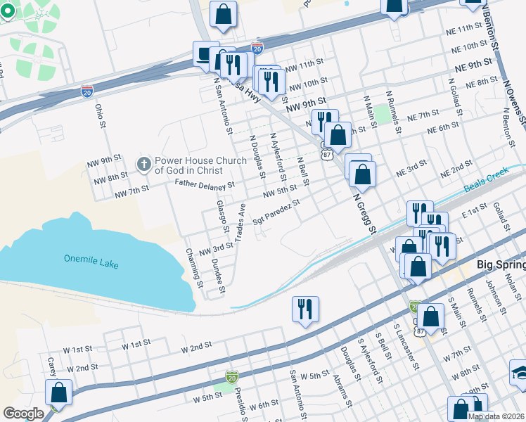 map of restaurants, bars, coffee shops, grocery stores, and more near 701 Northwest 5th Street in Big Spring