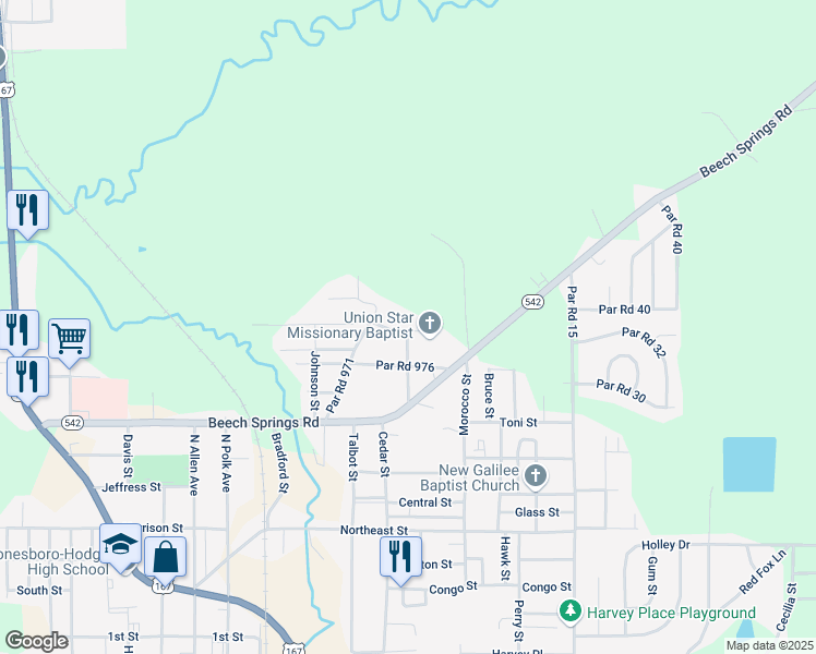 map of restaurants, bars, coffee shops, grocery stores, and more near 600 Robinson Street in Jonesboro