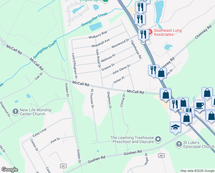 map of restaurants, bars, coffee shops, grocery stores, and more near 122 Usher Place in Rincon