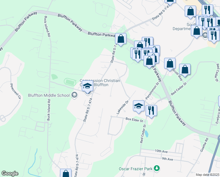 map of restaurants, bars, coffee shops, grocery stores, and more near 34 Hidden Lakes Lane in Bluffton