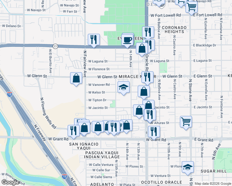 map of restaurants, bars, coffee shops, grocery stores, and more near 2717 North Pacific Drive in Tucson