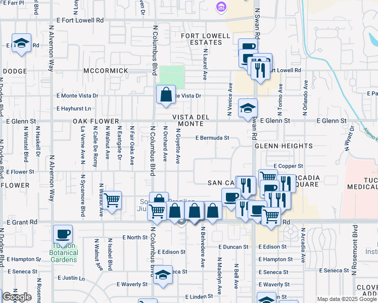 map of restaurants, bars, coffee shops, grocery stores, and more near 4425 East San Carlos Place South in Tucson