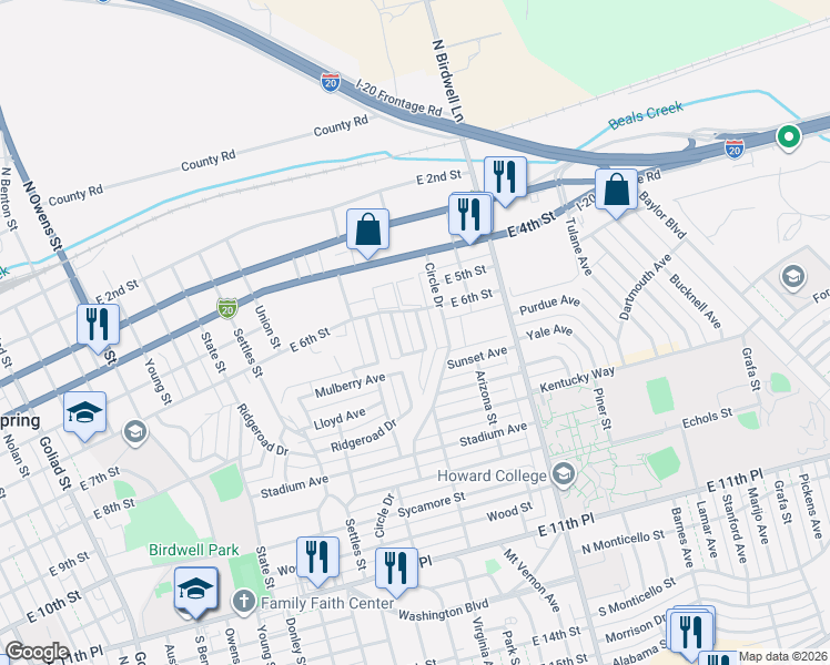 map of restaurants, bars, coffee shops, grocery stores, and more near 600-614 Elgin Street in Big Spring