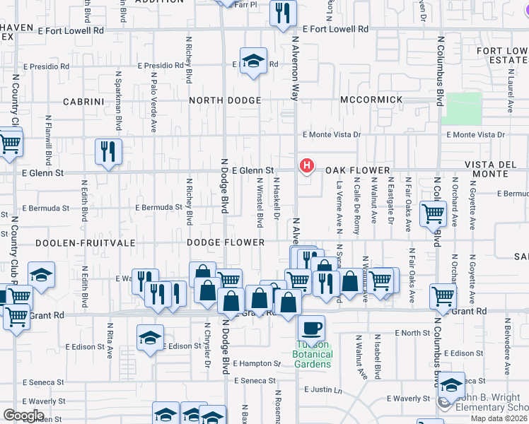 map of restaurants, bars, coffee shops, grocery stores, and more near 2702 North Winstel Boulevard in Tucson