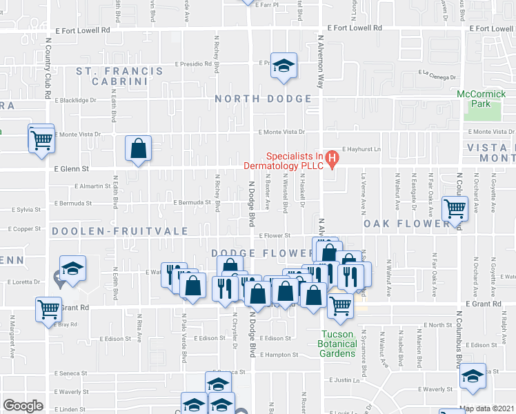 map of restaurants, bars, coffee shops, grocery stores, and more near 2718 North Baxter Avenue in Tucson