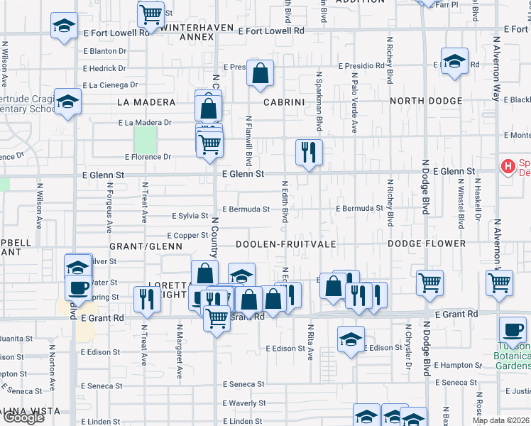 map of restaurants, bars, coffee shops, grocery stores, and more near 3233 East Bermuda Street in Tucson