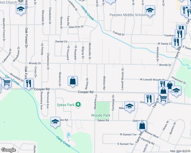 map of restaurants, bars, coffee shops, grocery stores, and more near 3243 Meadow Lane in Jackson