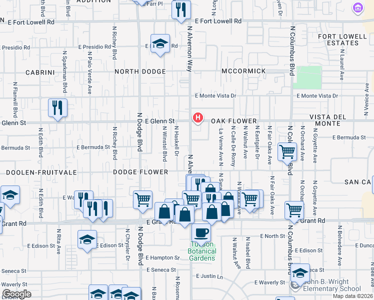 map of restaurants, bars, coffee shops, grocery stores, and more near 2665 North Alvernon Way in Tucson