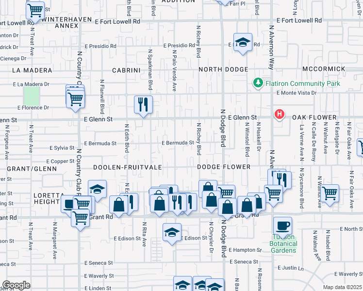 map of restaurants, bars, coffee shops, grocery stores, and more near 3520 East Bermuda Street in Tucson