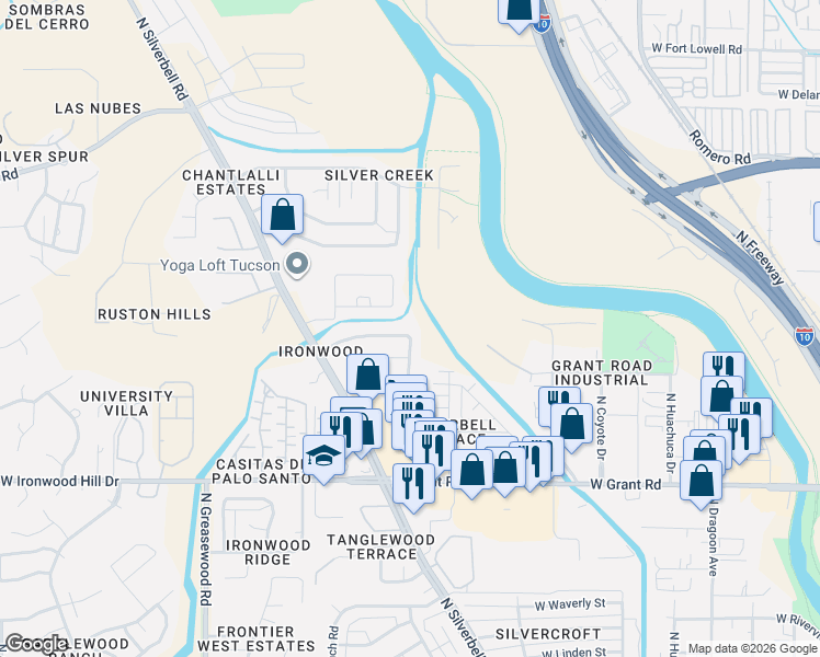 map of restaurants, bars, coffee shops, grocery stores, and more near 2128 West Frostwood Lane in Tucson