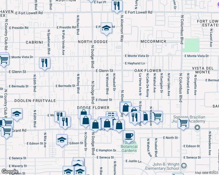 map of restaurants, bars, coffee shops, grocery stores, and more near 2666 North Winstel Boulevard in Tucson