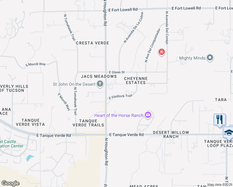 map of restaurants, bars, coffee shops, grocery stores, and more near 10341 East Flintlock Trail in Tucson
