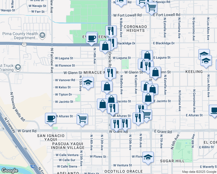 map of restaurants, bars, coffee shops, grocery stores, and more near N Oracle Rd & W Kelso St in Tucson