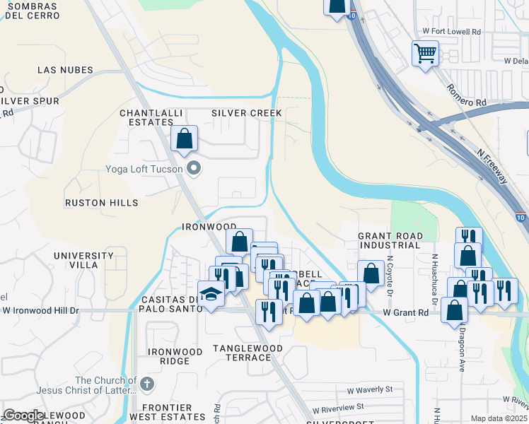 map of restaurants, bars, coffee shops, grocery stores, and more near 2136 West Frostwood Lane in Tucson