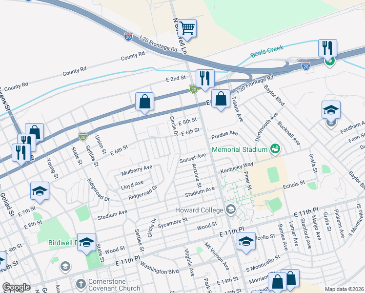 map of restaurants, bars, coffee shops, grocery stores, and more near 201-213 Circle Drive in Big Spring
